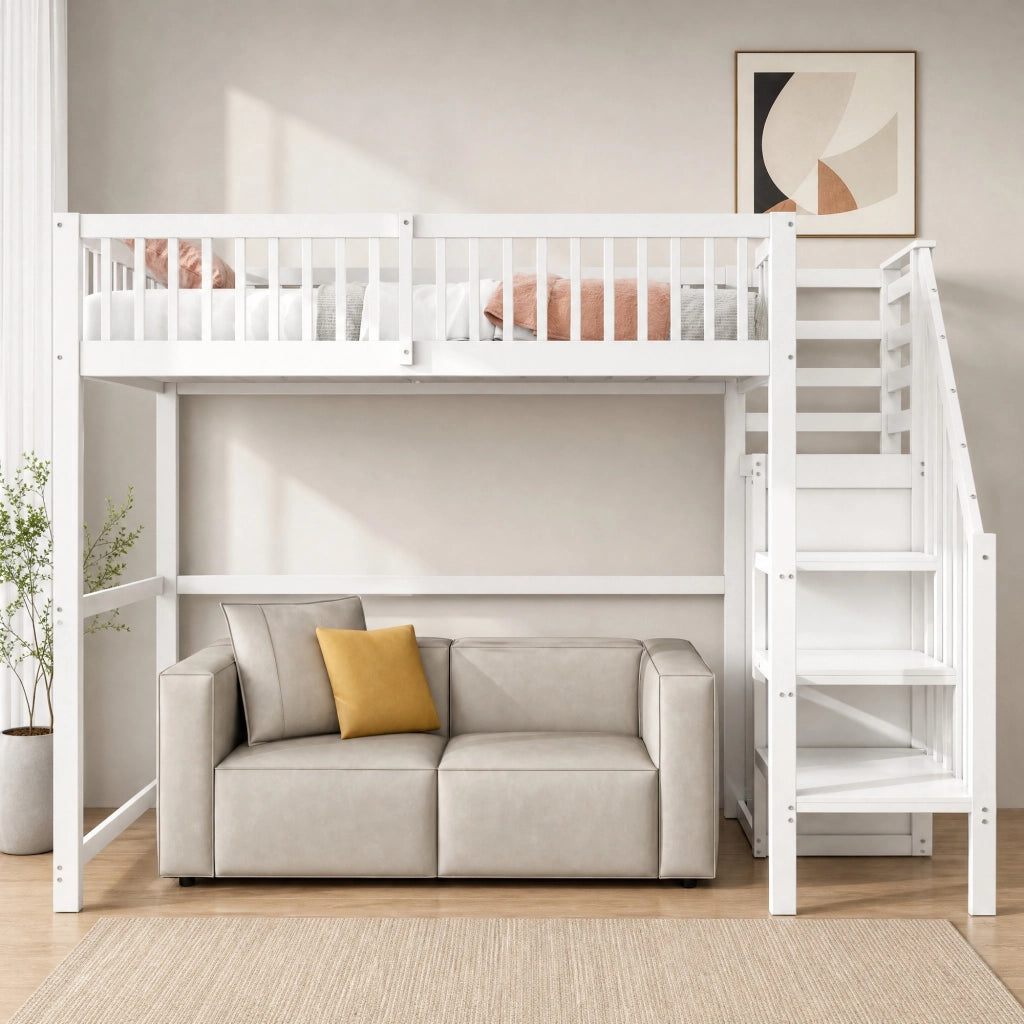 Letto a soppalco 90x200 cm in legno massiccio bianco con scala di sicurezza e armadio integrato