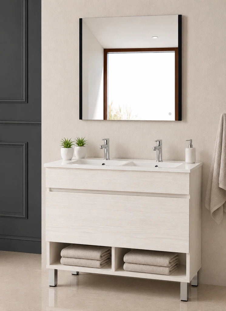 Mobile bagno con piedini con lavabo extrapiano ORIGENBATH NEBARI senza specchio 120x45 cm doppio lavabo bianco nordico