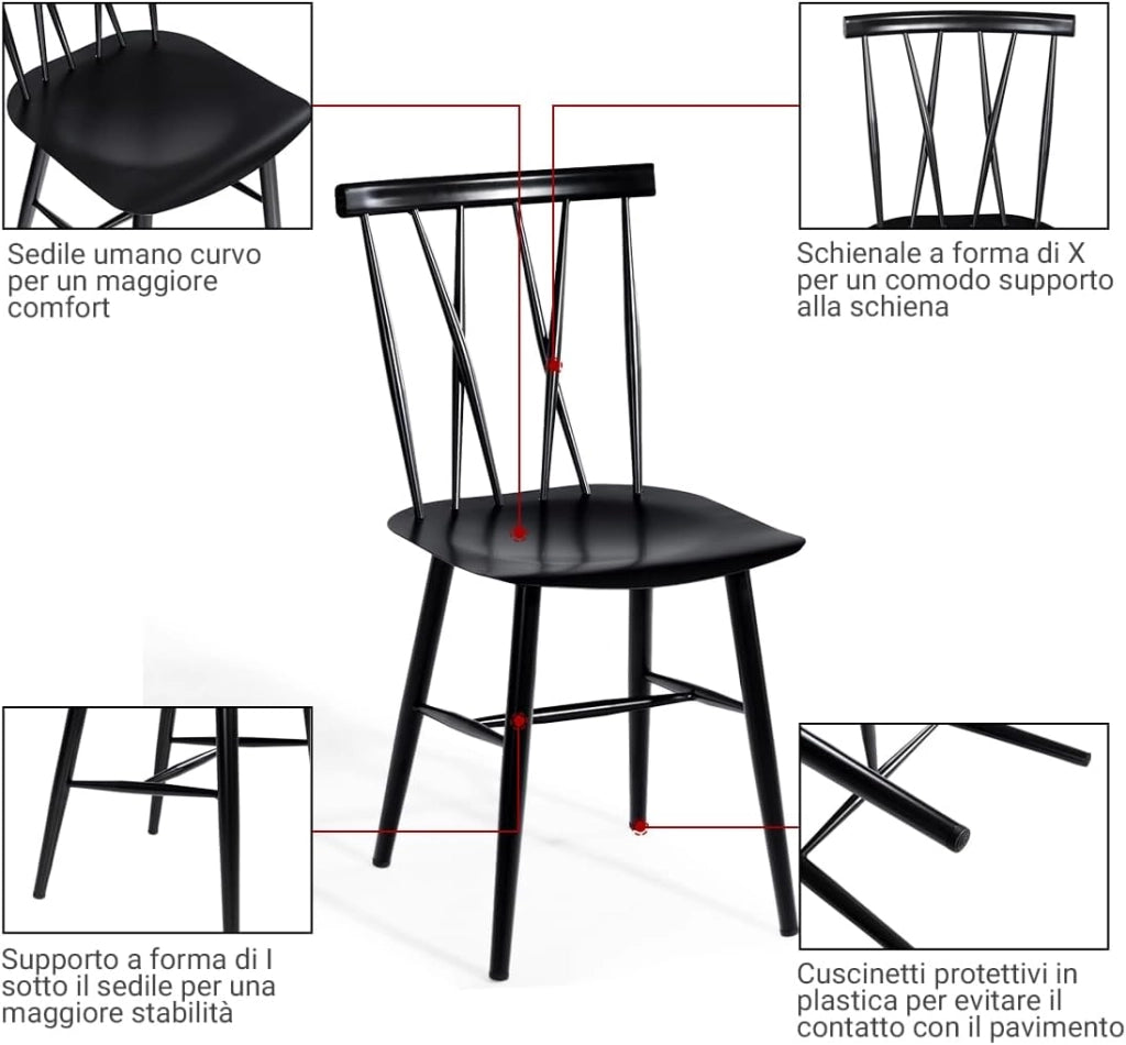 Set di 2 Sedie da Sala Pranzo, Sedie Senza Braccioli da Interno ed Esterno con Altezza della Seduta 43,5 CM e Schienale a Doppia X, 2 Sedie da Cucina, Salotto e Sala da Pranzo