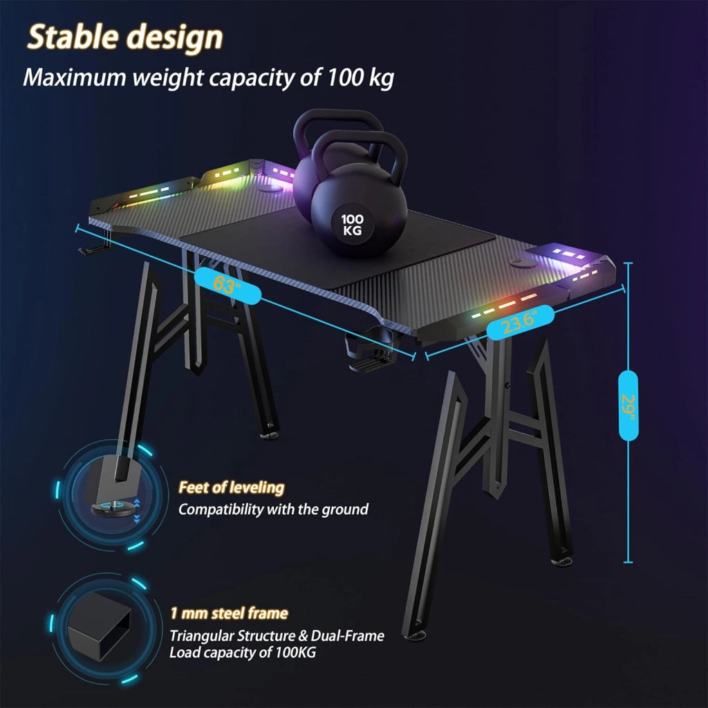 Scrivania da gioco a LED, 160 x 60 cm, tavolo da gioco con porta bevande e gancio per cuffie, tavolo da gioco con rivestimento in fibra di carbonio, telaio M