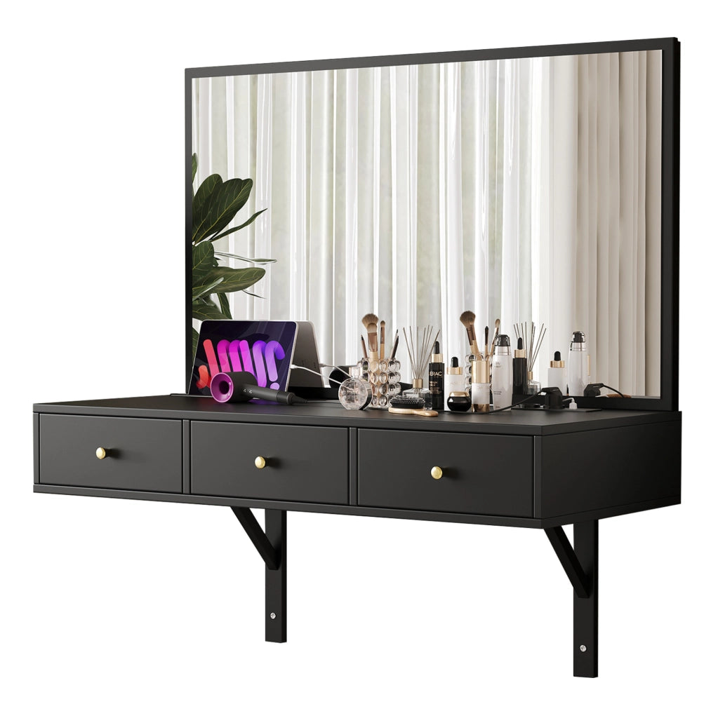 Toeletta con specchio e 3 cassetti 100x45x105 cm in pannello truciolare nero con prese integrate