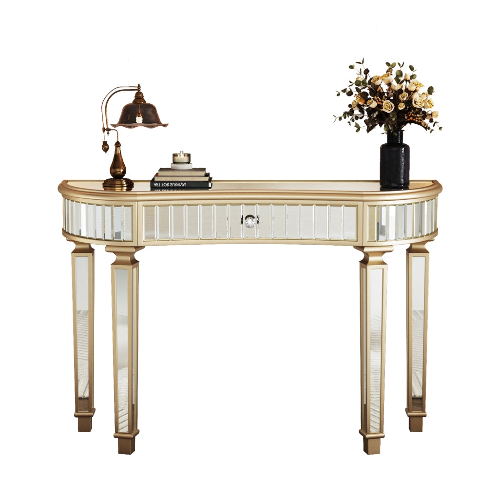 Consolle 120x38x78 cm con cassetto in MDF e vetro oro e argento