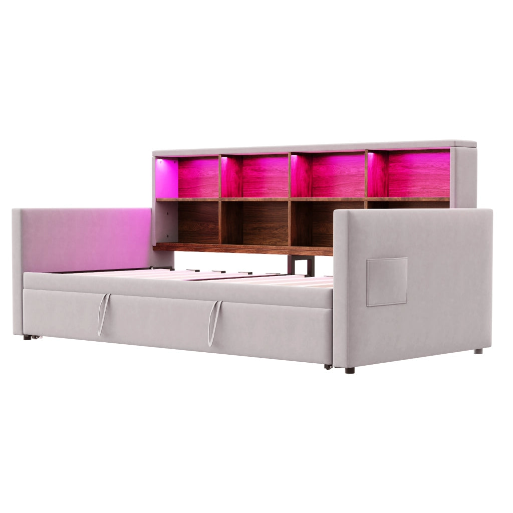 LETTO imbottito 90x190 cm in velluto grigio chiaro con testiera contenitore