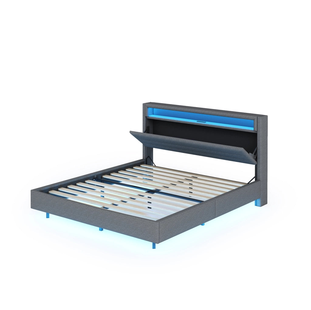 Letto imbottito 160x200 cm con USB e luci LED; tessuto effetto lino grigio (Senza materasso)