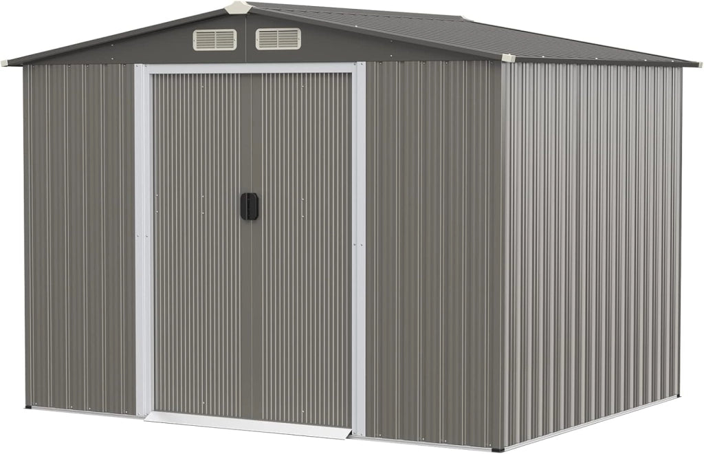 Casetta da Giardino 4,74㎡, Capanno da Esterno in Lamiera Acciaio Zincato Resistente alle Intemperie con 4 Feritoie, Doppie Porte e Rampa, 260 x 207 x 181 cm (Grigio chiaro)