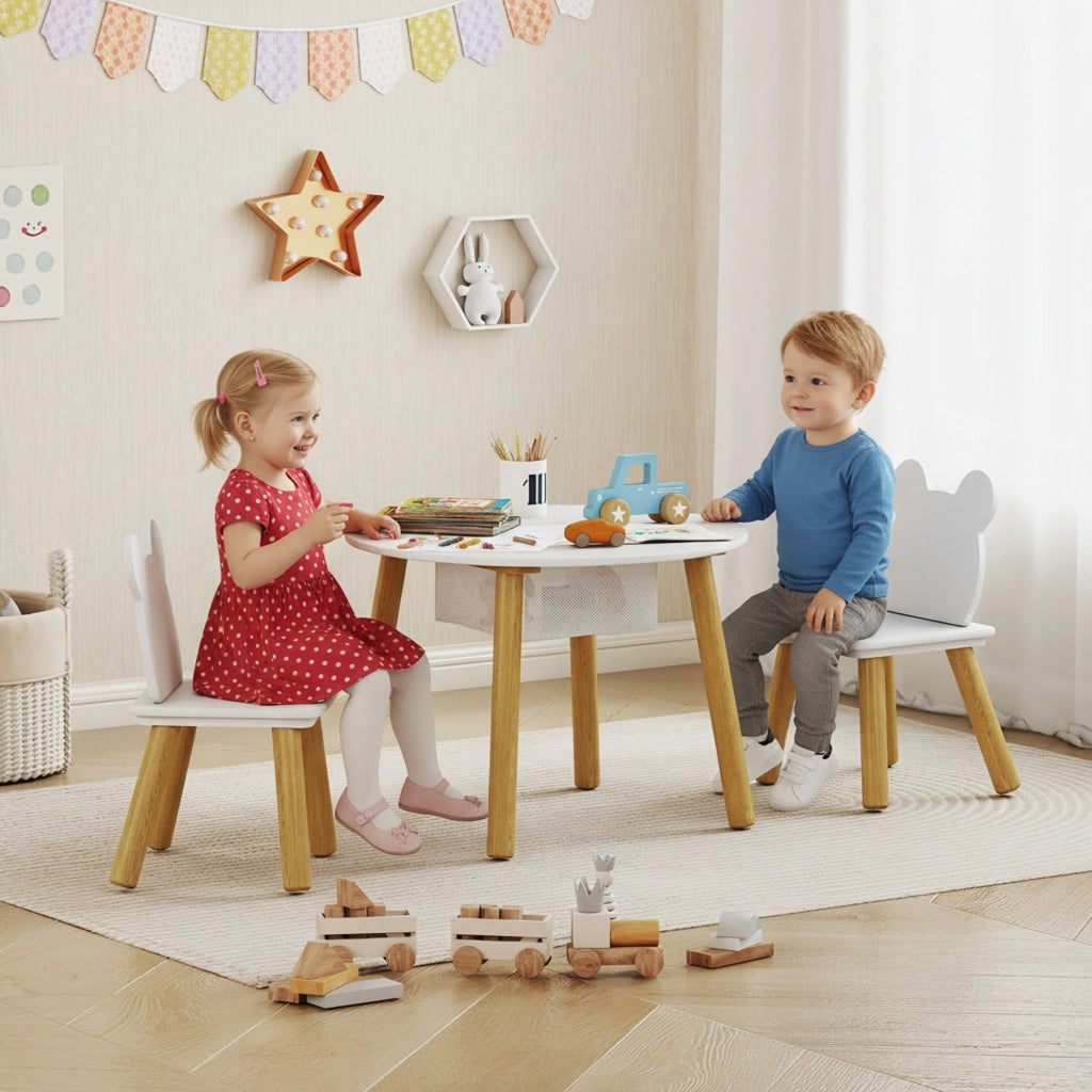 Set Tavolo Rotondo con 2 Sedie per Bambini ¨C Xylo ¨C Schienale a Forma di Orso, Attivit¨¤ e Pasti, 3-6 Anni