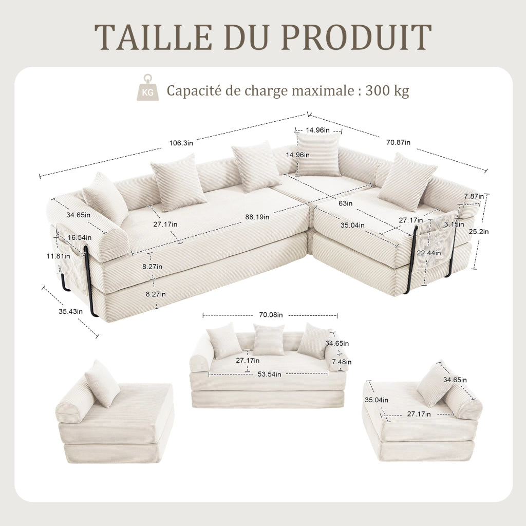 Divano letto modulare in velluto a coste beige con tasca laterale e moduli riconfigurabili