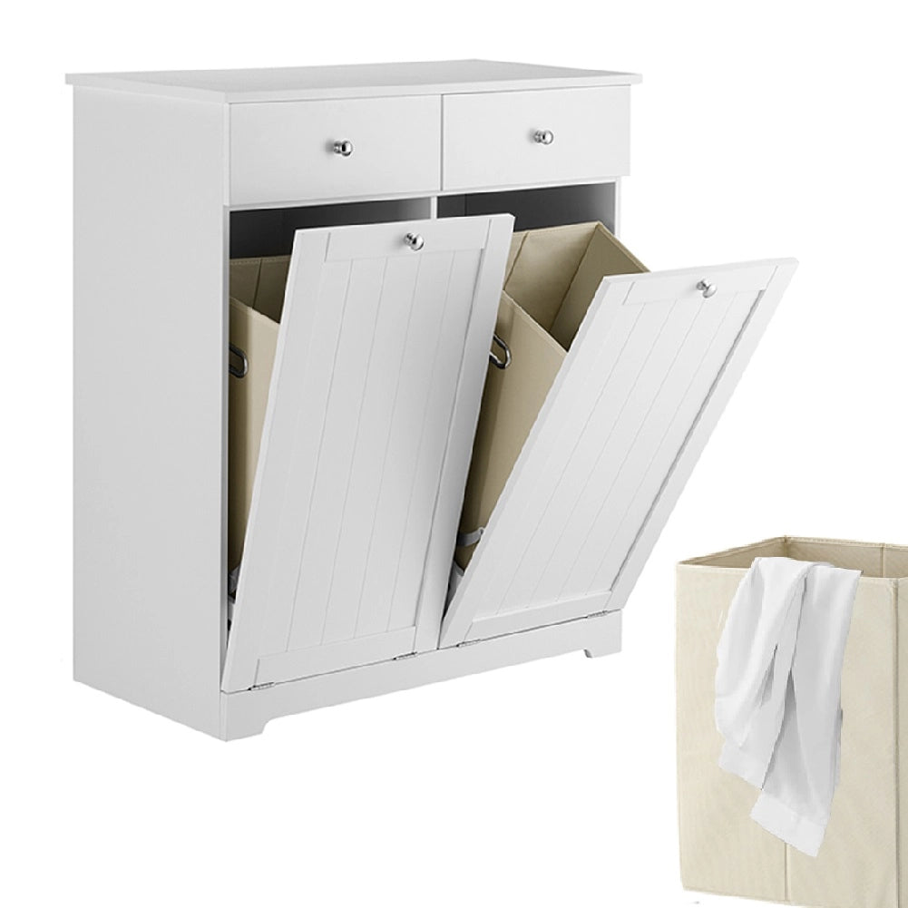 Mobiletto da Bagno 2Cassetti 2Portabiancheria Integrati 70x38 H 90cm Legno Bianco