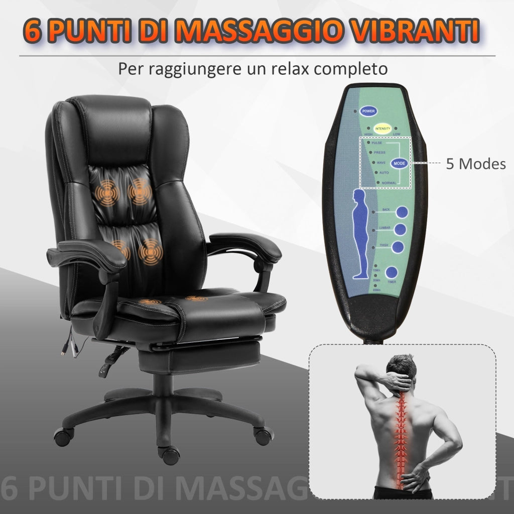 Sedia da Ufficio ad Altezza Regolabile con 6 Punti Massaggianti 68,5x68,5x113-121 cm in Finta Pelle Nera