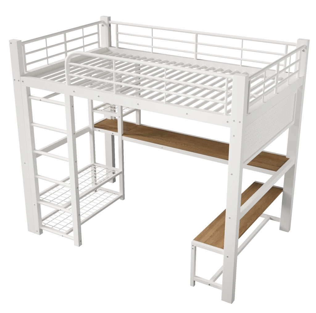 Letto a soppalco 140x200 cm in metallo bianco con scrivania; LED e contenimento