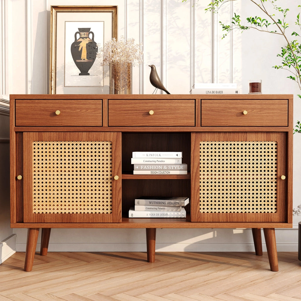 Credenza con 3 Cassetti e 3 Ante Scorrevoli; Frontali in Rattan; Ripiani Regolabili; in MDF; 120??40??78 cm; Noce