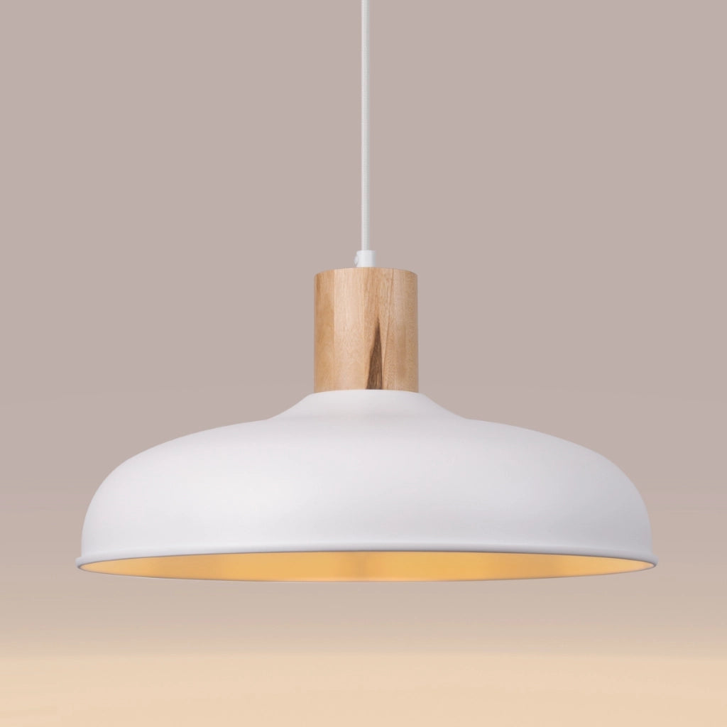 Lampada a sospensione INDY Dome in acciaio bianco opaco con accenti in legno E27 Max 15W LED