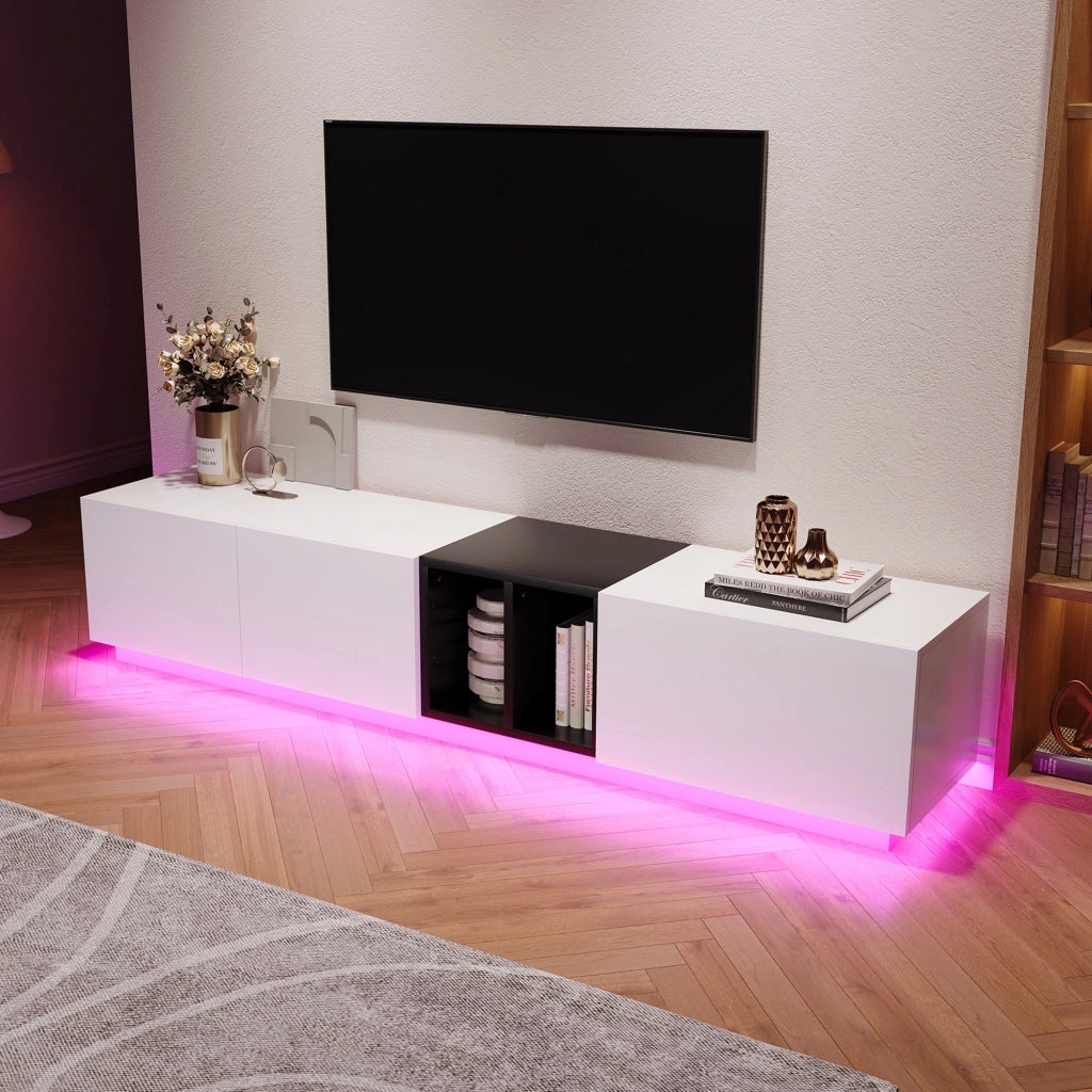 Mobile TV moderno in bianco e nero - Zephmum - Design sobrio con cassetti e ripiani aperti, robusto e facile da pulire
