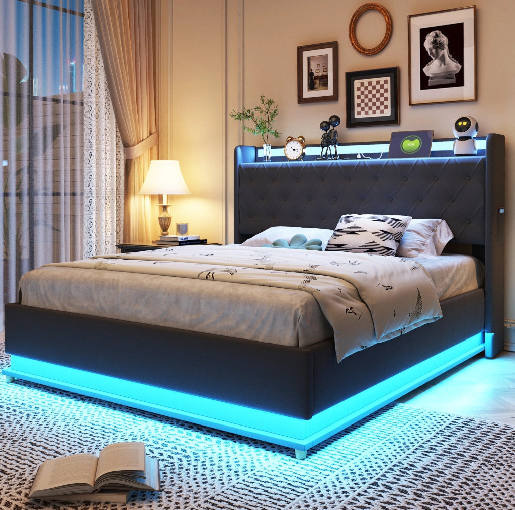 Letto imbottito LED 140x200 cm grigio con USB e contenitore