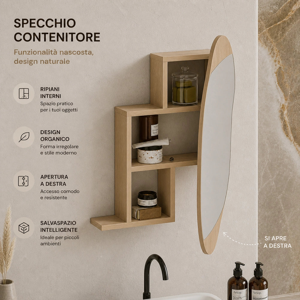 Specchio Nuvola con Mensole Scaffale Salvaspazio 60x13x75cm Zaffiro di Quercia