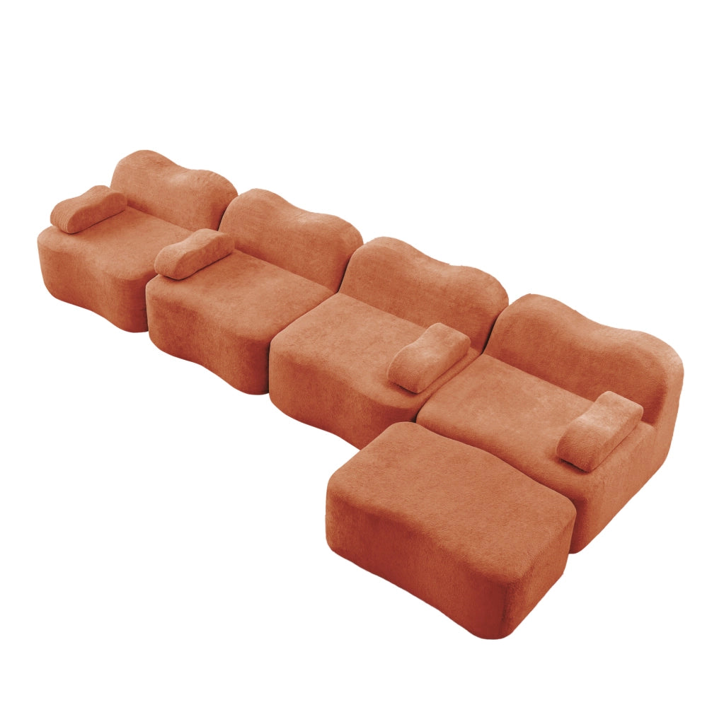 Divano angolare modulare 4 posti con ottomana 384x167x70 cm in velluto arancione