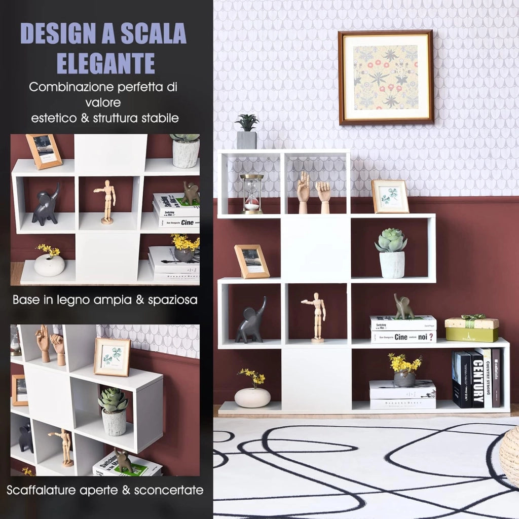 Libreria in Legno, 5 Livelli con Ante, Scaffale Multifunzionale a Forma di Scala, Ideale per Soggiorno Studio Ufficio, 120x19,5x109cm (Bianco)