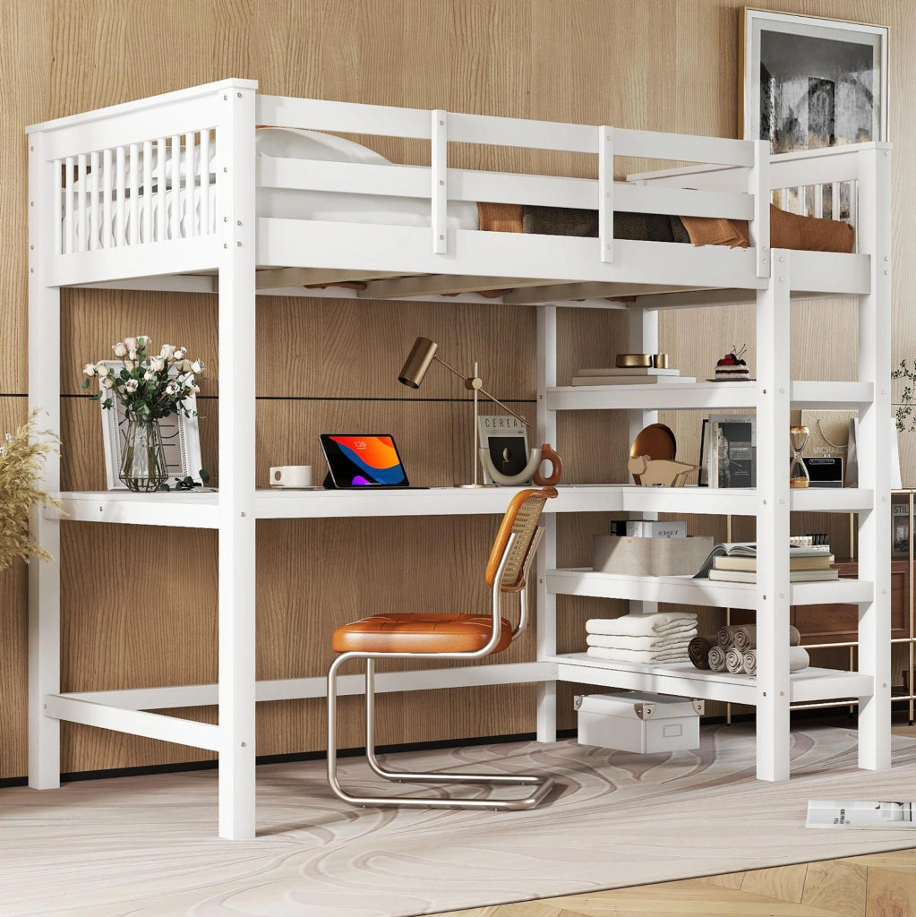 Letto a soppalco 90x200 cm con scrivania e ripiani; legno; bianco (Senza materasso)