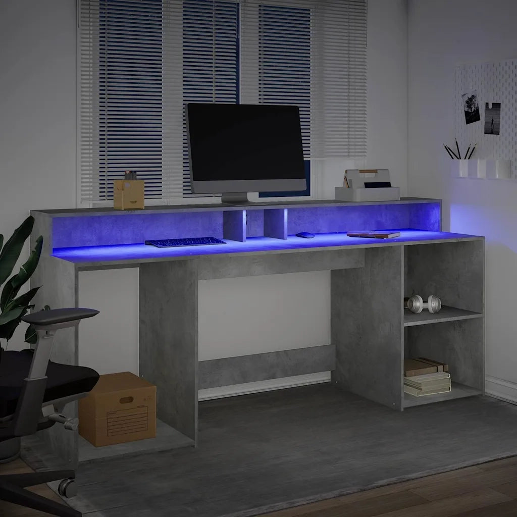 Scrivania | Tavolo da Ufficio con Luci LED Grigio Cemento 200x55x91 cm Truciolato