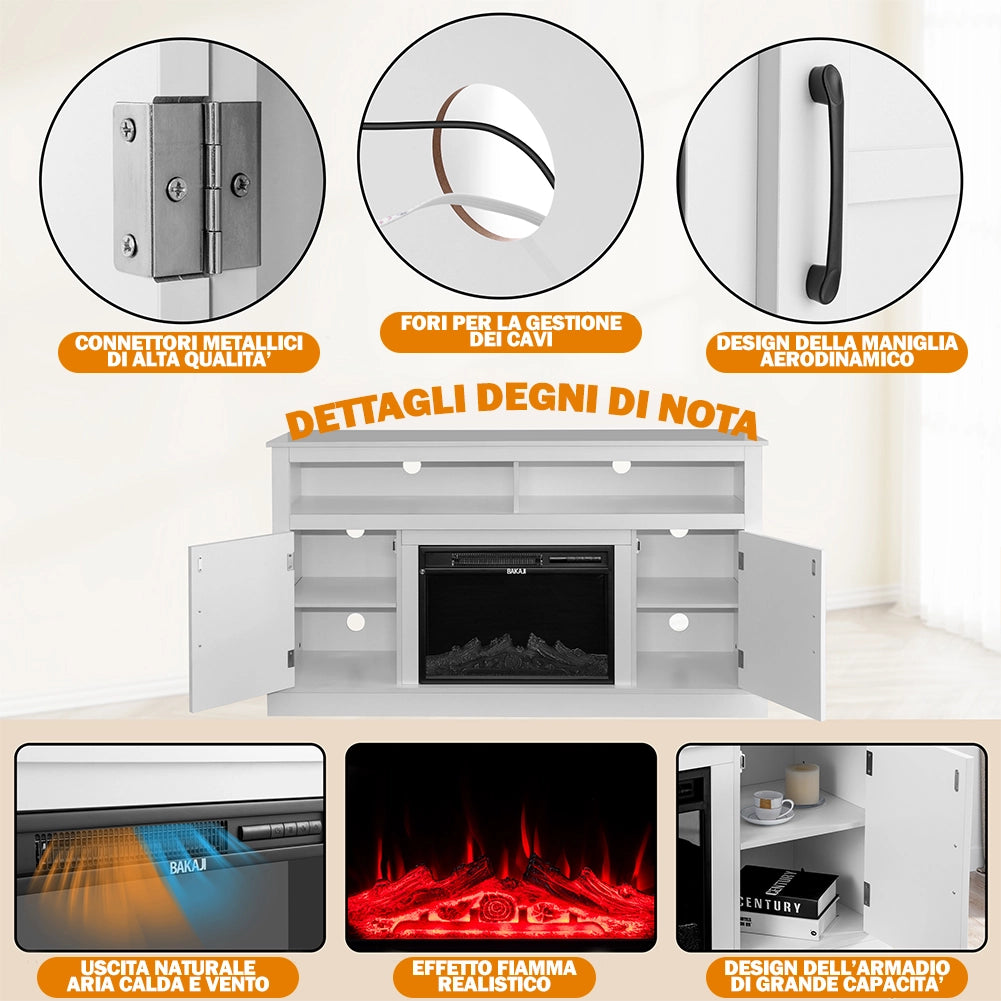 Mobile TV Bianco con Camino Elettrico Effetto Fiamma 3D e Telecomando Luci RGB