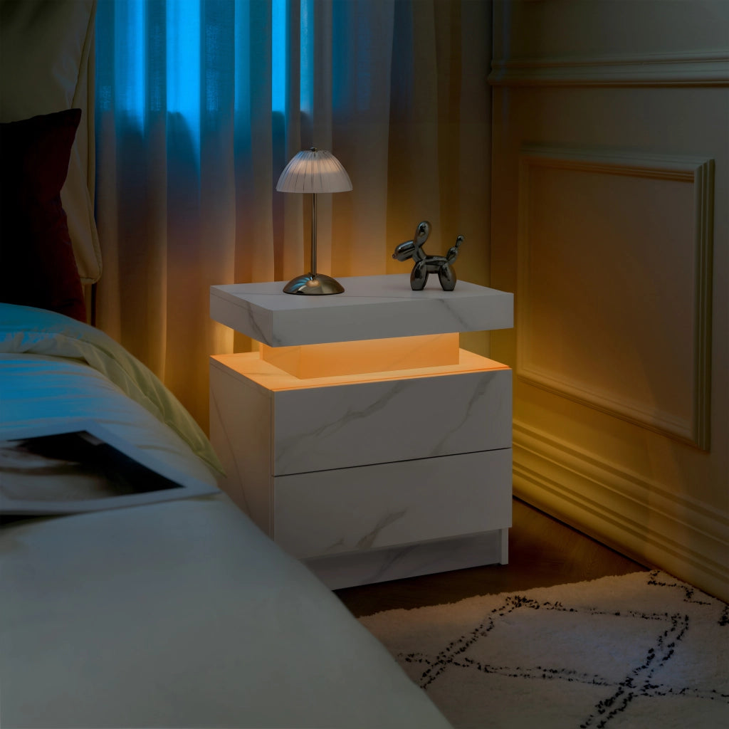 Comodino con LED regolabili, 2 cassetti e vano aperto, per camera da letto, bianco opaco, in legno ingegnerizzato