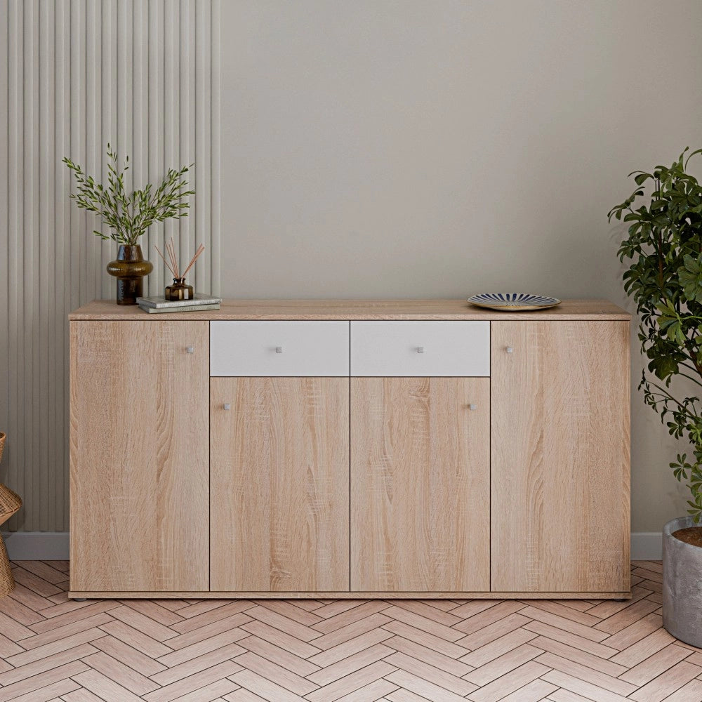 Madia Nilo con 4 ante e 2 cassetti in rovere e bianco 159 cm
