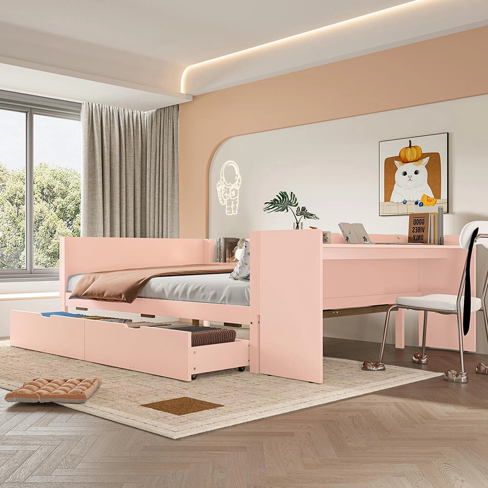 Letto-Xylo-140x200 cm-con scrivania, 2 cassetti, scaffali, pino, rosa