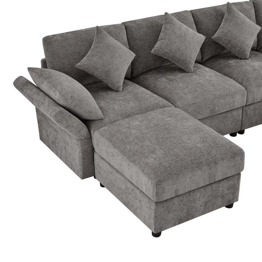 Divano angolare modulare a 4 posti in ciniglia grigio con 2 pouf e braccioli regolabili 86 × 284 × 156;5 cm
