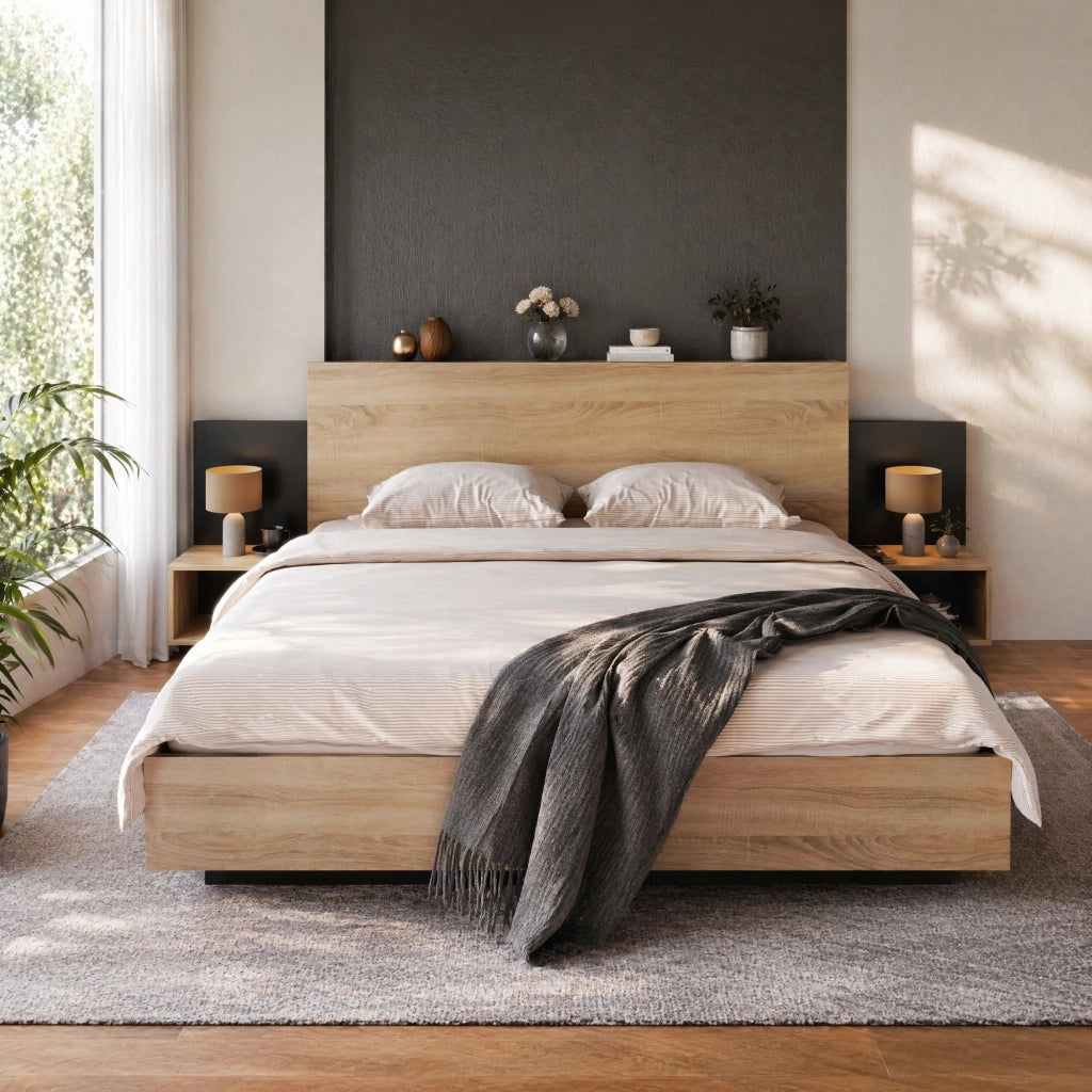 Letto matrimoniale in legno 160x200 cm con 2 comodini, design moderno in rovere Sonoma e grigio scuro