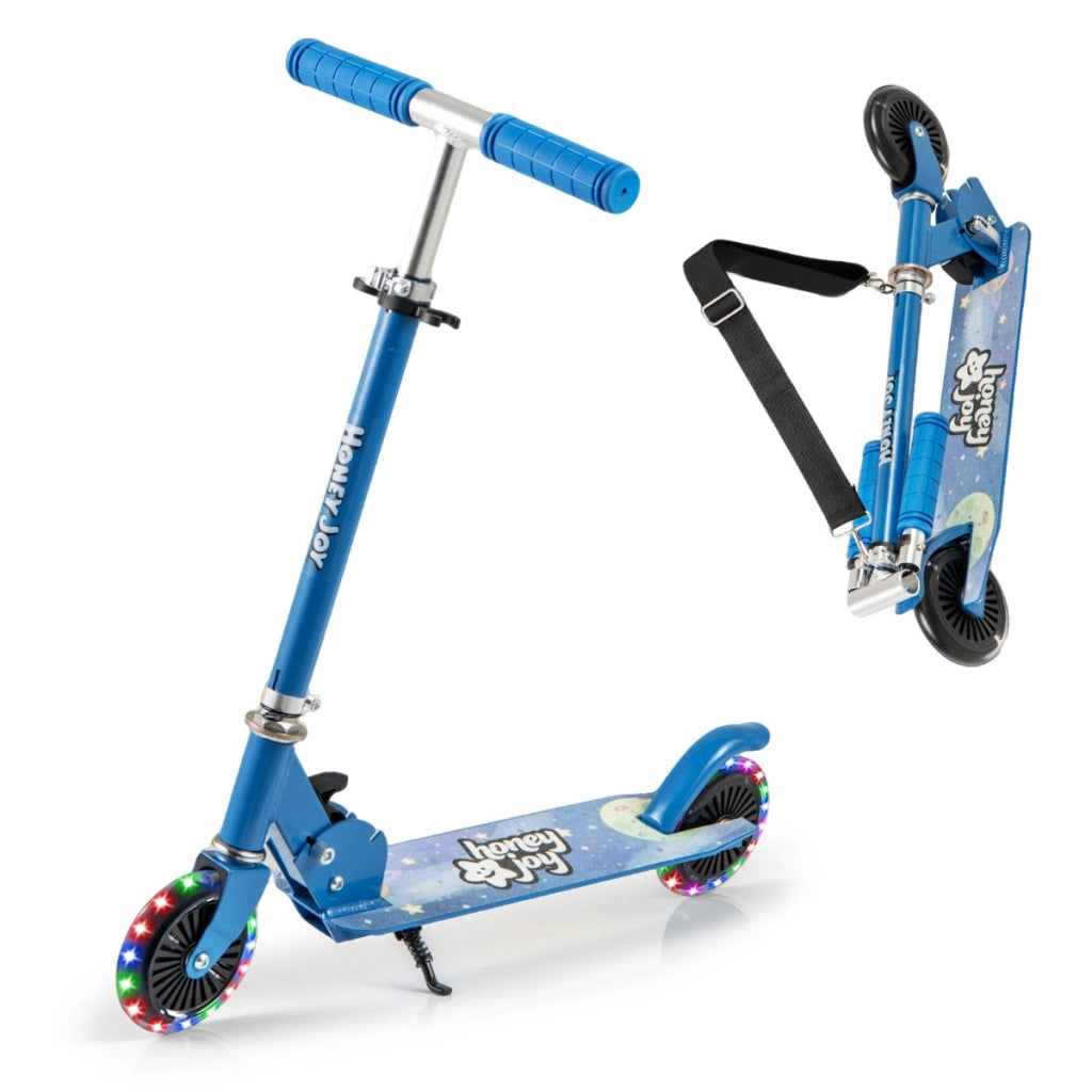 Monopattino pieghevole per bambini e tracolla con manubrio regolabile, Monopattino pieghevole e tracolla Blu