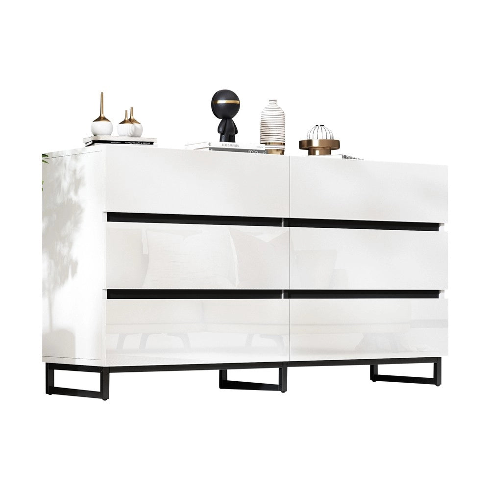 Credenza da Soggiorno con 6 Cassetti e 3 Gambe in Metallo ¨C MINIMAL ¨C Bianco/Nero Lucido 140x39x78