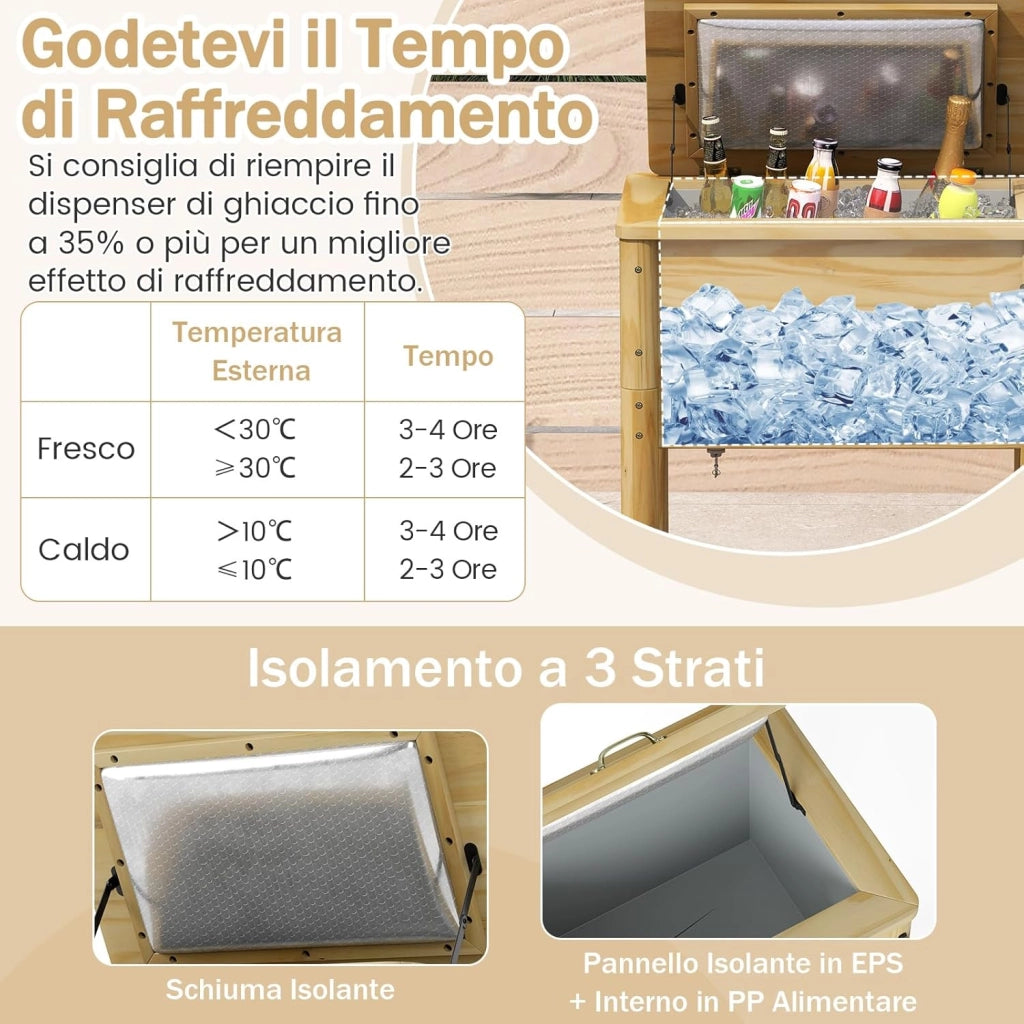 Carrello Porta Ghiaccio su Ruote 67 x 47 x 74 cm, Carrello Refrigerante da 51 L con 3 Maniglie e Apribottiglie, Frigorifero Portavivande da Esterno con Tappo di Drenaggio per Giardino