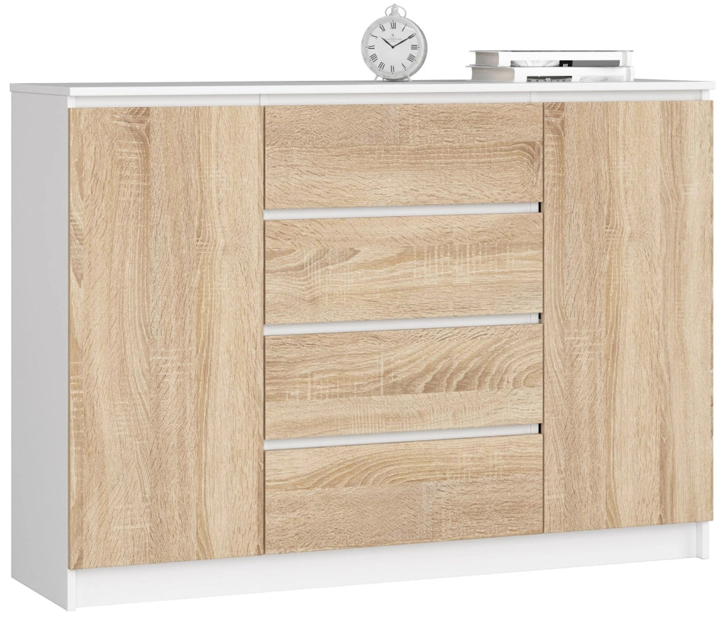 Cassettiera AKORD K140 Bianca 138 cm 2 ante 4 cassetti inserto frontale Sonoma Quercia 138x40x99 cm