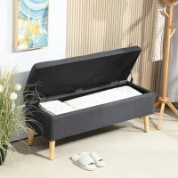 Panchina Imbottita con Spazio di Archiviazione, Cassapanca in Effetto Lino, Legno di Gomma, 110 x 39 x 45 cm, Grigio Scuro