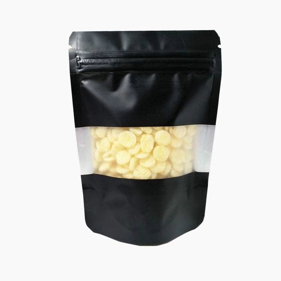 Confezione di 50 sacchetti Mylar con finestra, chiusura a raccordo, sacchetti a pieghe, in piedi, riutilizzabili, sacchetti di imballaggio adesivi per conservazione alimentare (9 x 13 cm (3,5 x 5,1 pollici), nero)