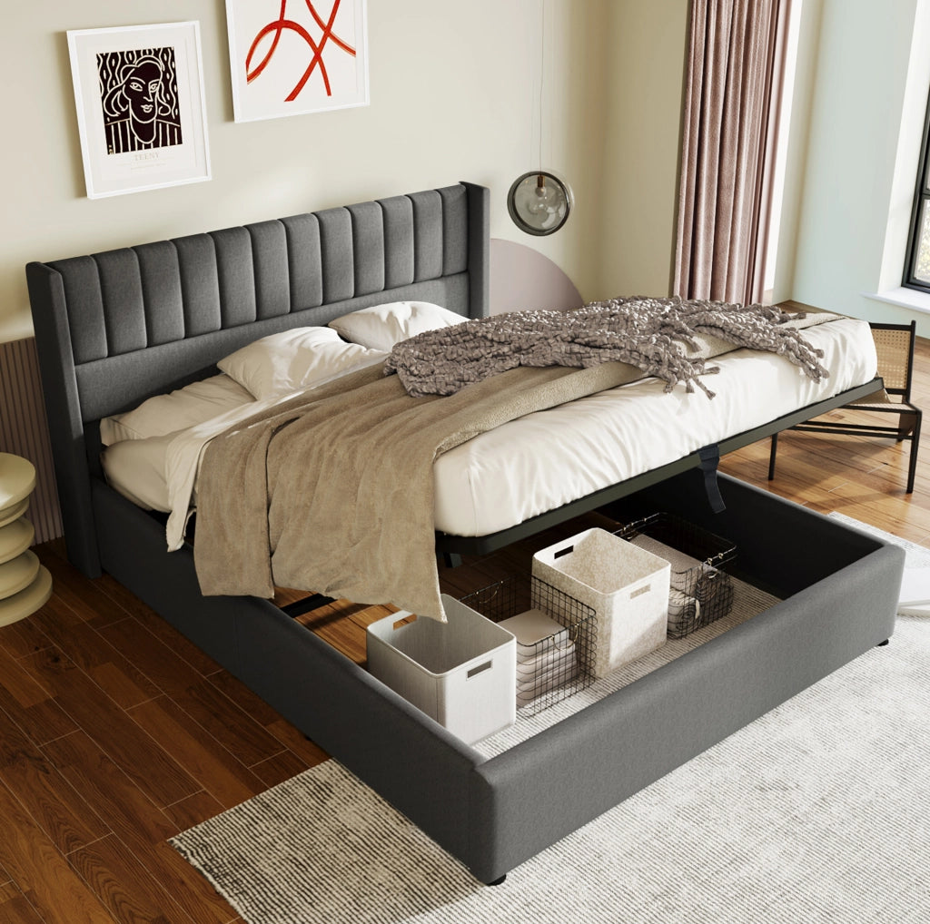Letto contenitore 140x200 cm con materasso, lino grigio