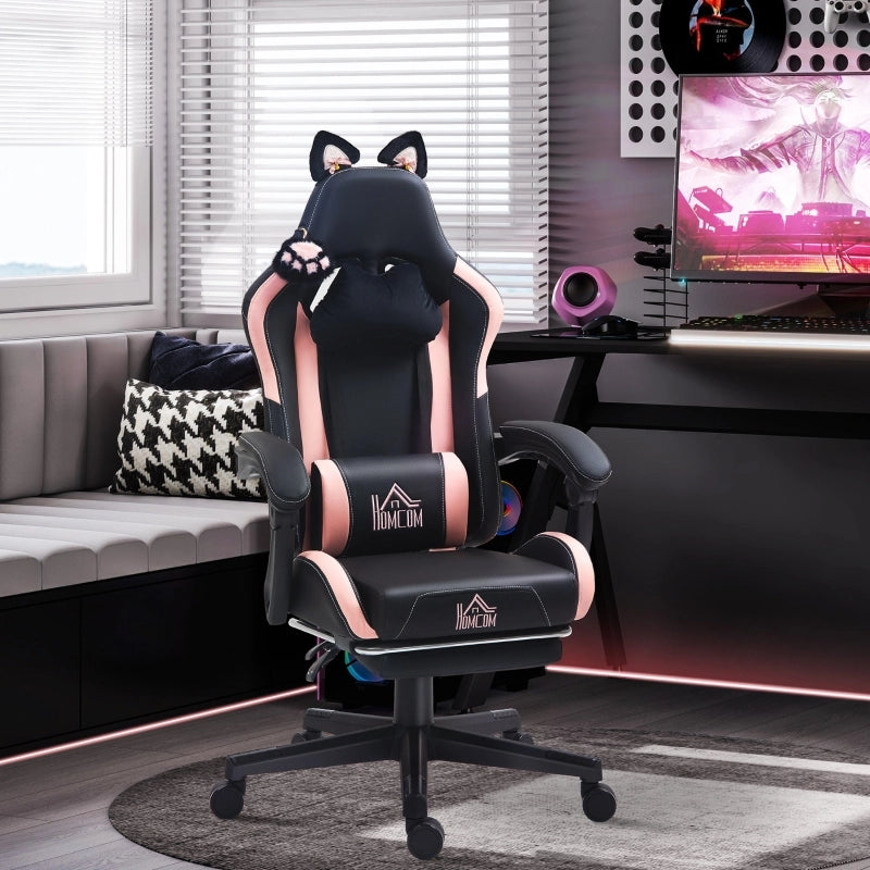 Sedia gaming con orecchie di gatto, schienale reclinabile, poggiapiedi estraibile e ruote in ecopelle nera