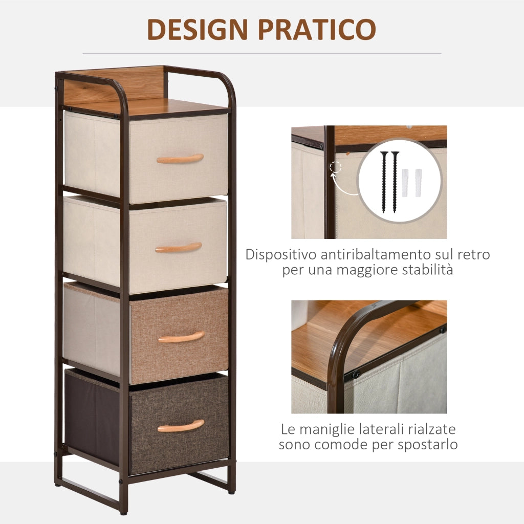 Cassettiera 4 Cassetti Pieghevoli 31x29x99 cm in Tessuto e Struttura in Legno e Metallo Multicolore