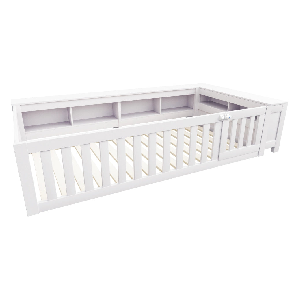 Letto per bambini 90x200 cm con contenitori e sponde di sicurezza; bianco