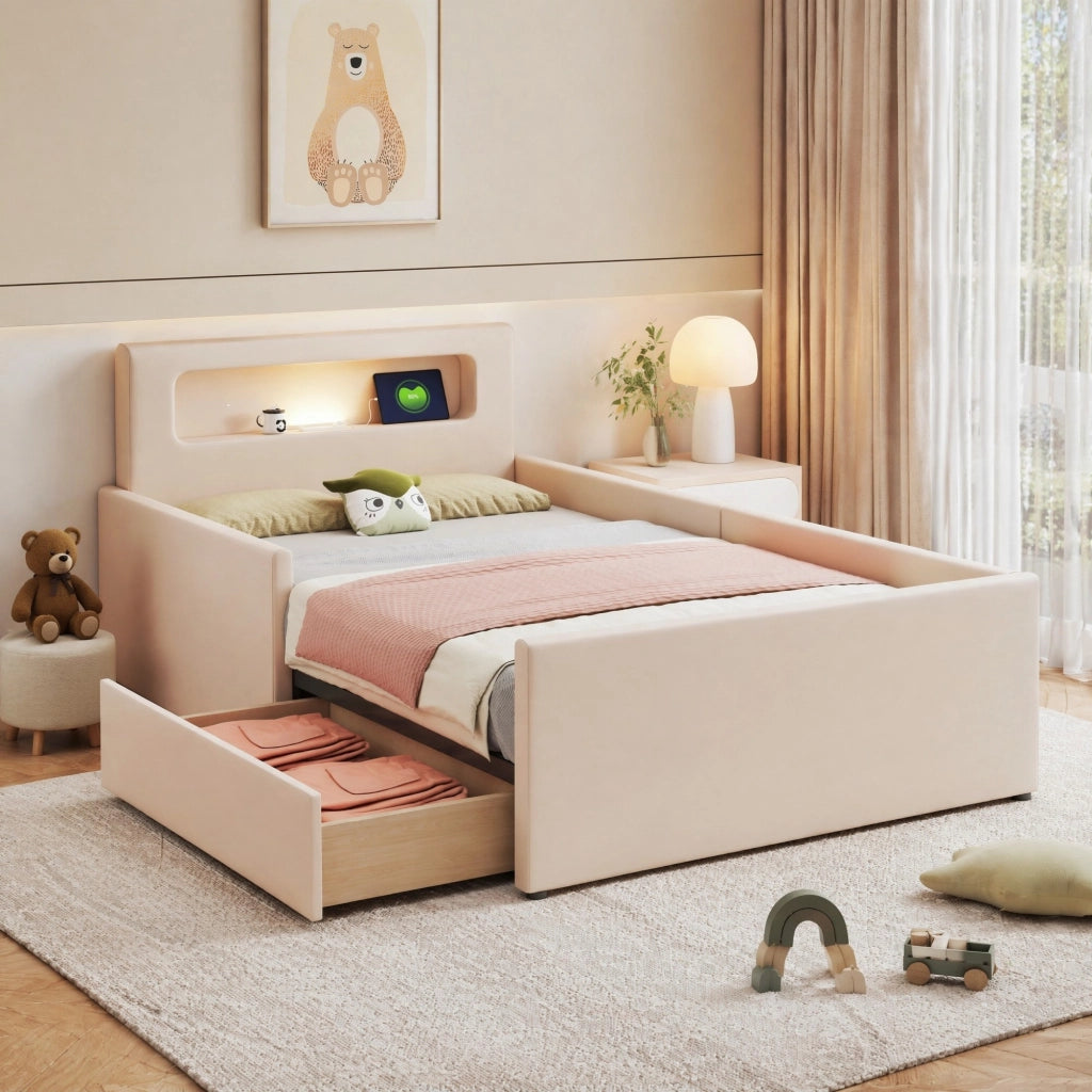 Letto imbottito per bambini 90x200 cm con luce LED; porta USB e cassetti; beige