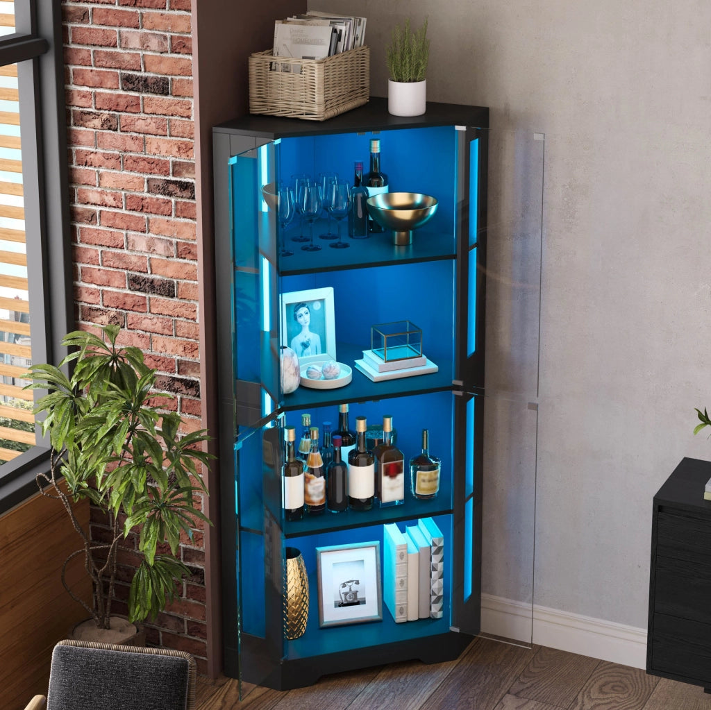 Vetrina angolare con LED RGB 40x40x165 cm; in MDF nero; con ante in vetro temperato