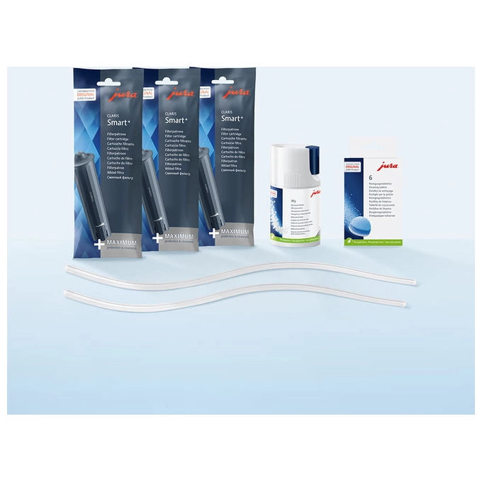 Jura 25065 Care Kit V3 Kit di Manutenzione per Macchina da Caffe' 3 Filtri Claris Smart 1 Detergente per Sistema del Latte 6 Compresse per la Pulizia 2 Tubi del Latte colore Nero