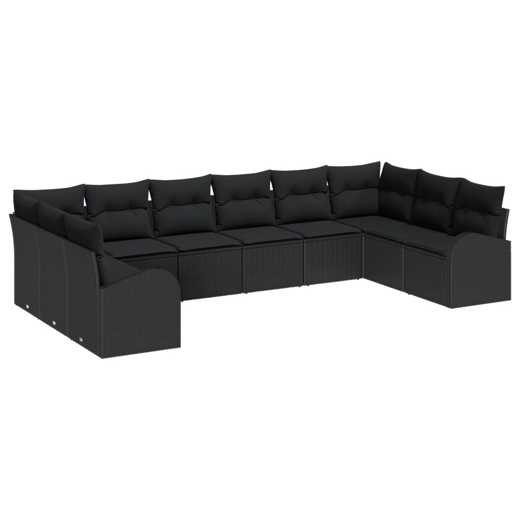 Set Divano da Giardino 10 Pezzi con Cuscini Nero Polyrattan