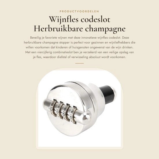 Stopper per bottiglie - Codice a combinazione a 4 cifre - Flessinatura - Preservazione del vino - Adatto per champagne e whisky - Progettato in stile elegante - Stopper per bottiglie riutilizzabile