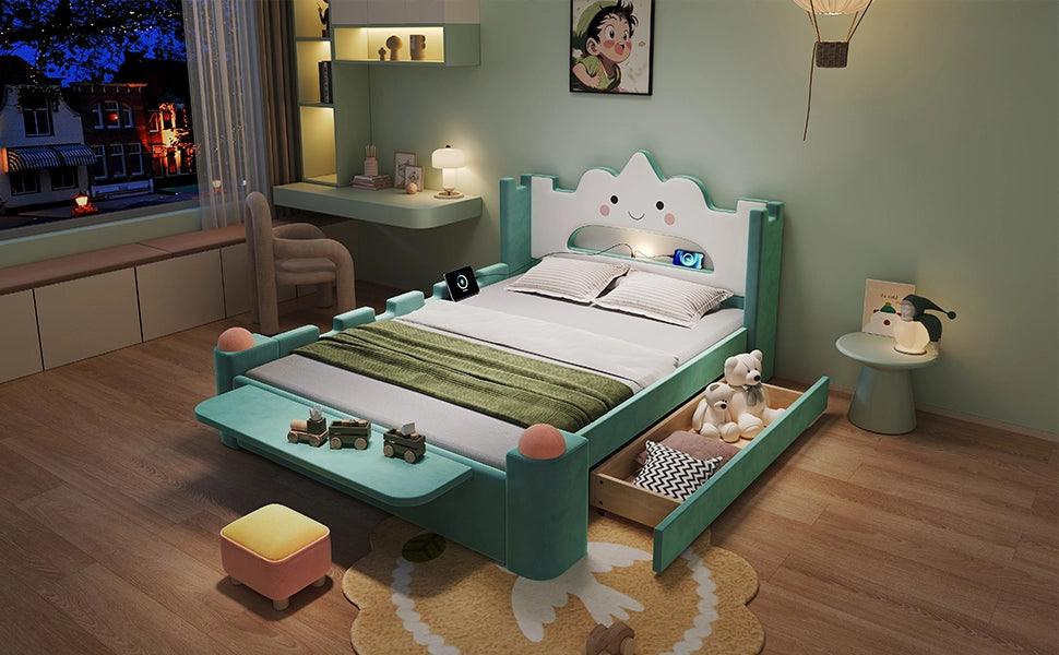 Letto per bambini 140 × 200 cm con lampada da lettura e USB, cassetto contenitore, senza materasso, velluto blu-verde