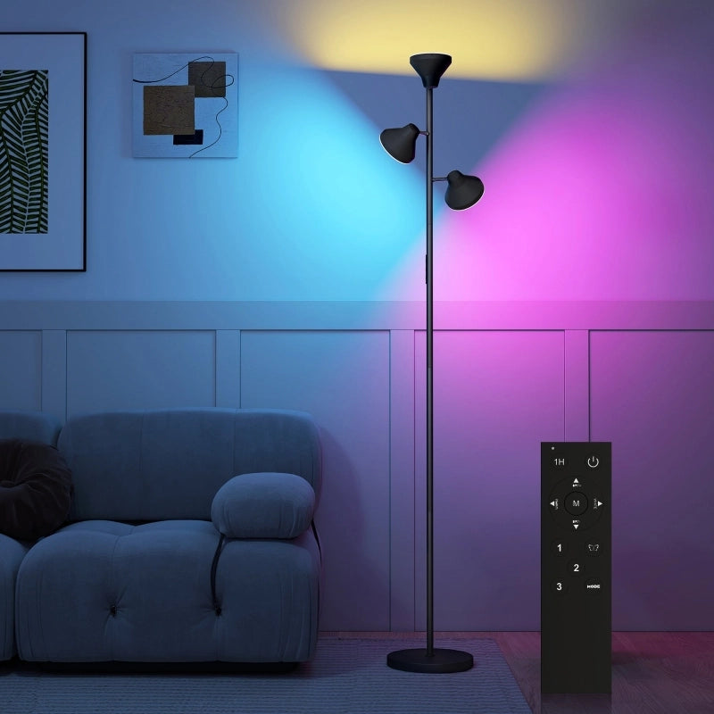 Lampada da terra dimmerabile con luce di lettura, lampada da terra a colori RGB con telecomando, controllo touch, 3 teste rotanti, nera