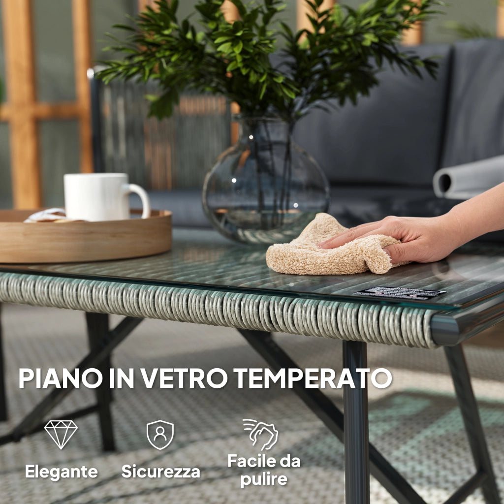 Set Salotto da Giardino in Rattan con 2 Poltrone, Divanetto 2 Posti e Tavolino da Caff¨¨ in Vetro, Grigio