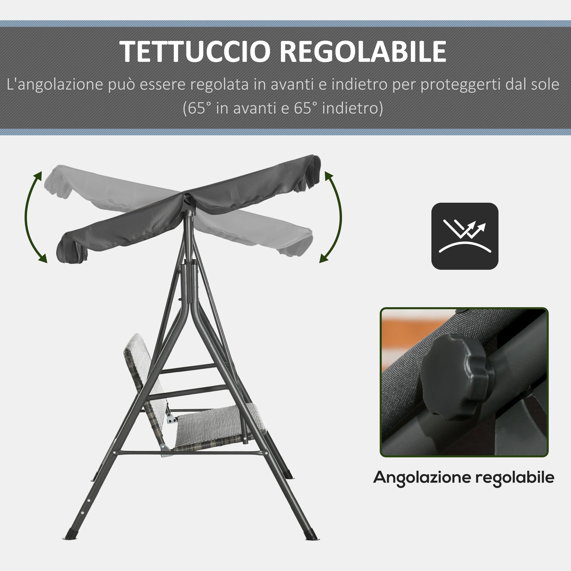 Dondolo da Giardino 3 Posti 167x112x153 cm con Tettuccio Regolabile in Rattan PE Grigio Scuro