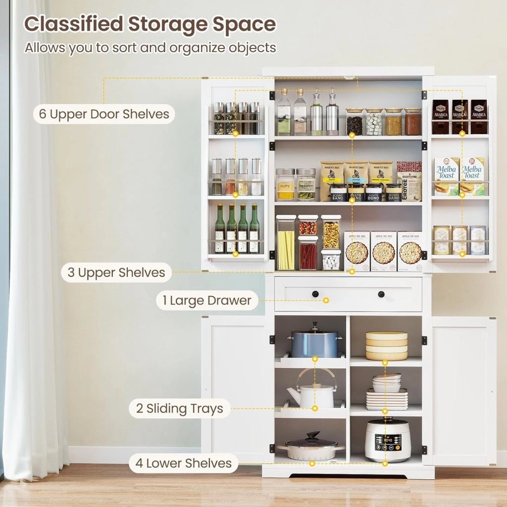 Armadio Alto 184 cm con 4 Ante, Cassetto e Ripiani Regolabili, Mobile Buffet con Scaffale Multiuso, Ideale per Cucina e Soggiorno, 77 x 40 x 184 cm