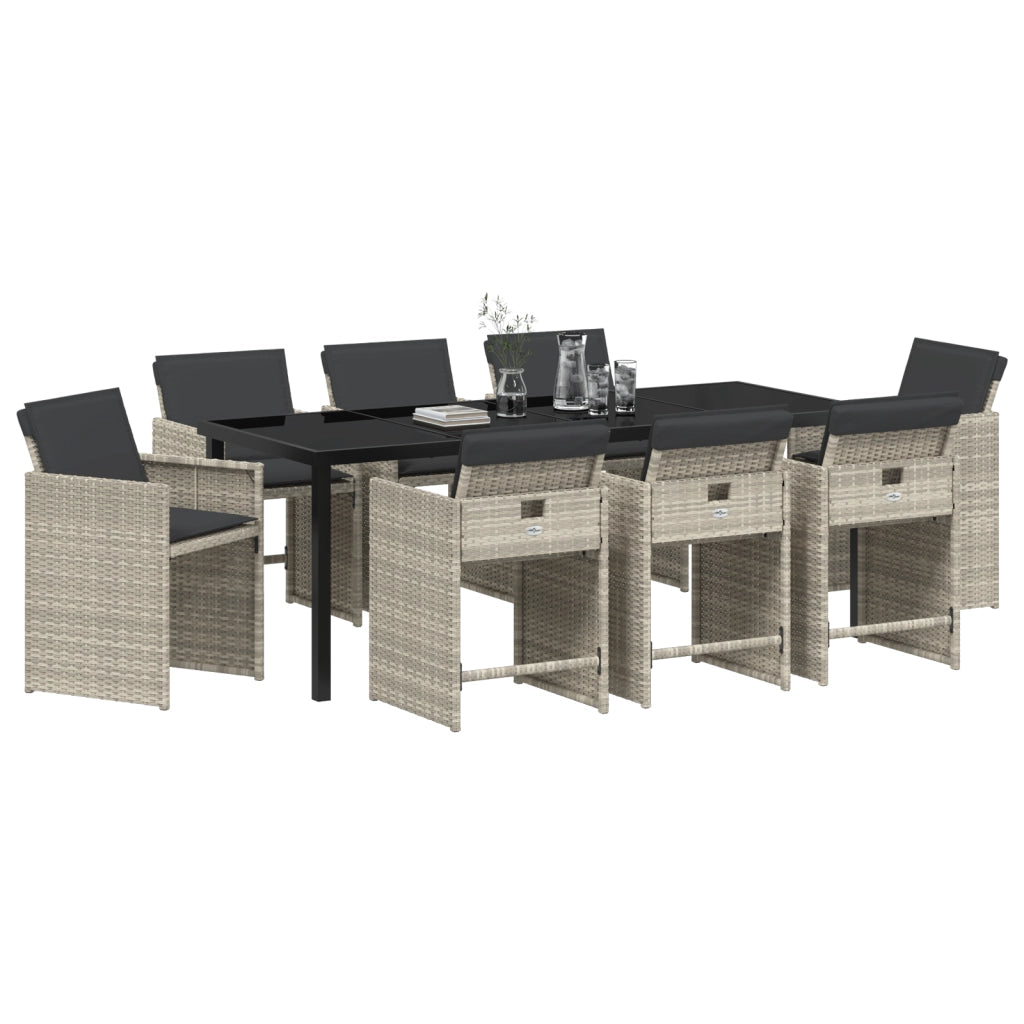 Set da Pranzo per Giardino  9 Pezzi con Cuscini Grigio Chiaro in Polyrattan